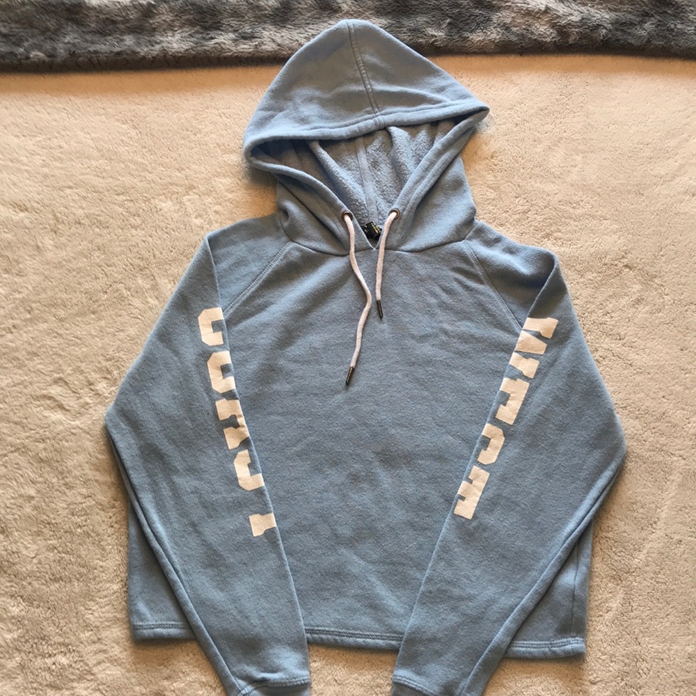 Light blue cropped, hoodie sweat shirt.